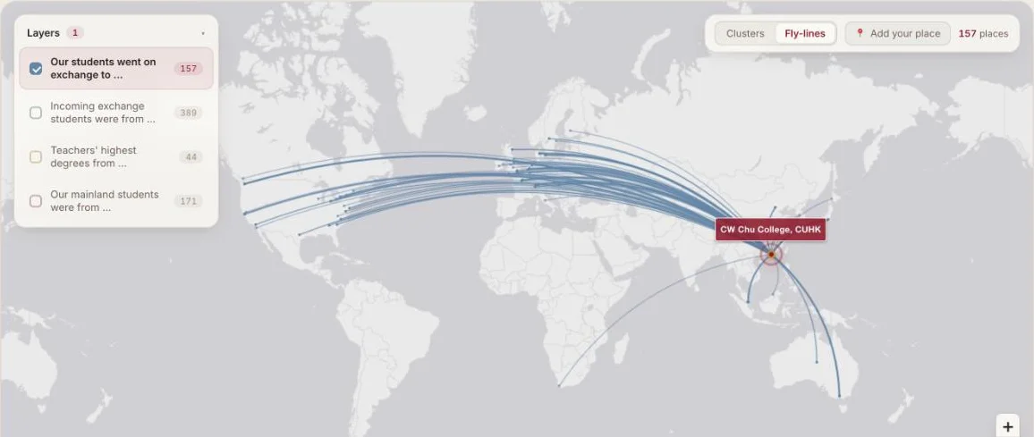 The interactive map with flight lines from the college to exchange destinations